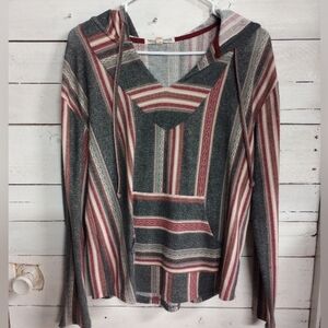 WallFlower Womens Size Large Pullover Hoodie Red Gray White Stripes Boho Hippie